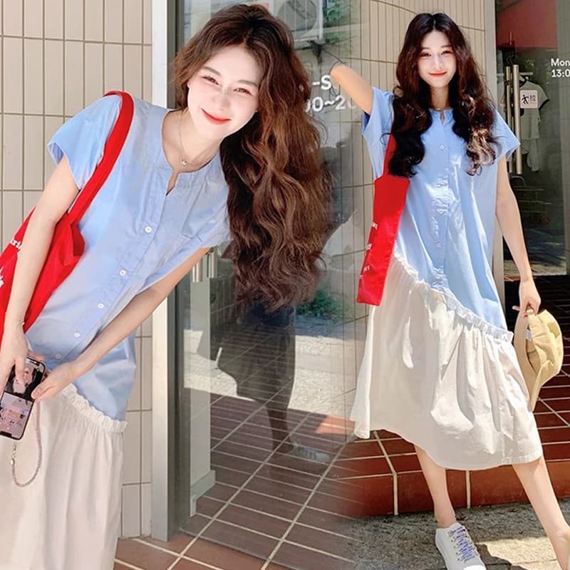 모유 수유 새로운 2026 여름 디자인 센스 불규칙 배색 패치워크 치마 싱글 줄 버튼 셔츠 롱 코트 모유 수유 용 치마 이미지 3