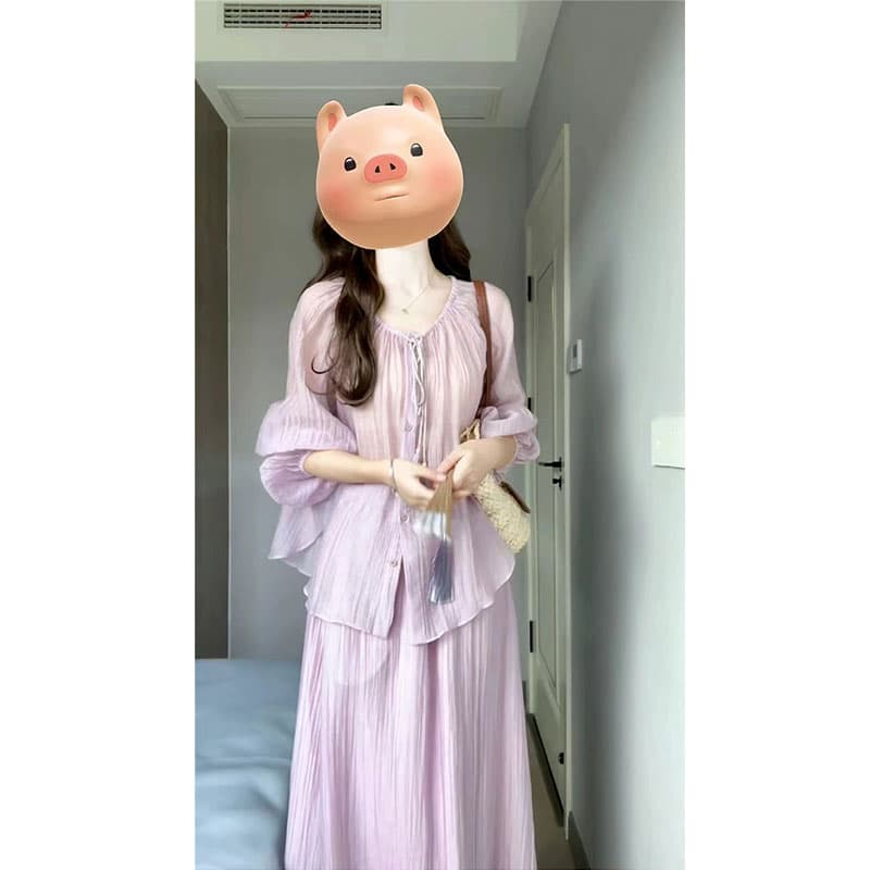 모유 수유 새로운 프랑스식 고급 센스 보라색 셔츠 슬립 드레스 여름 2026 년 품격 롱 스커트 세트 이미지 2