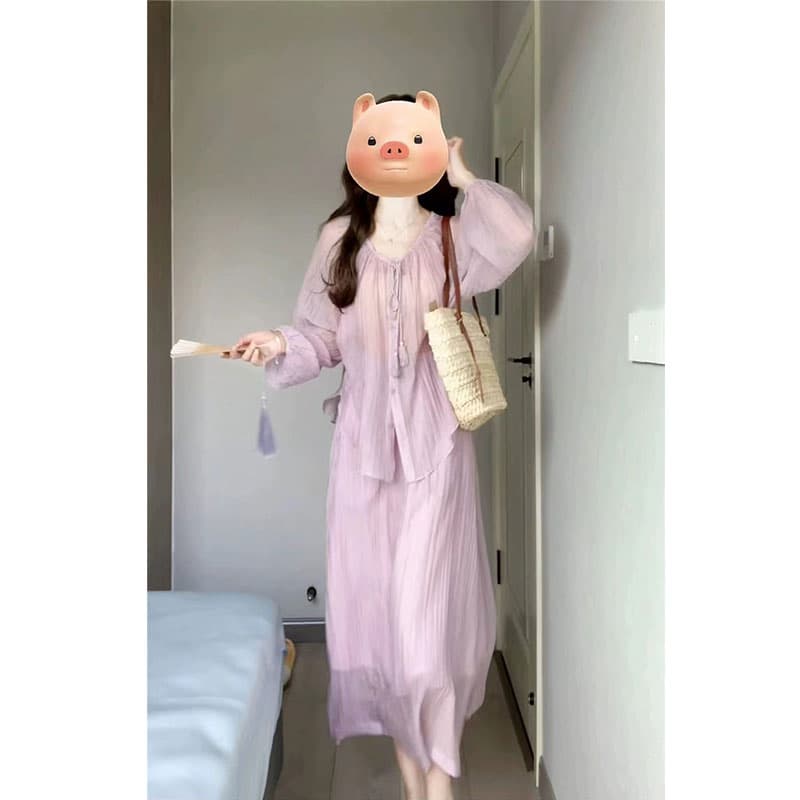 모유 수유 새로운 프랑스식 고급 센스 보라색 셔츠 슬립 드레스 여름 2026 년 품격 롱 스커트 세트 이미지 3