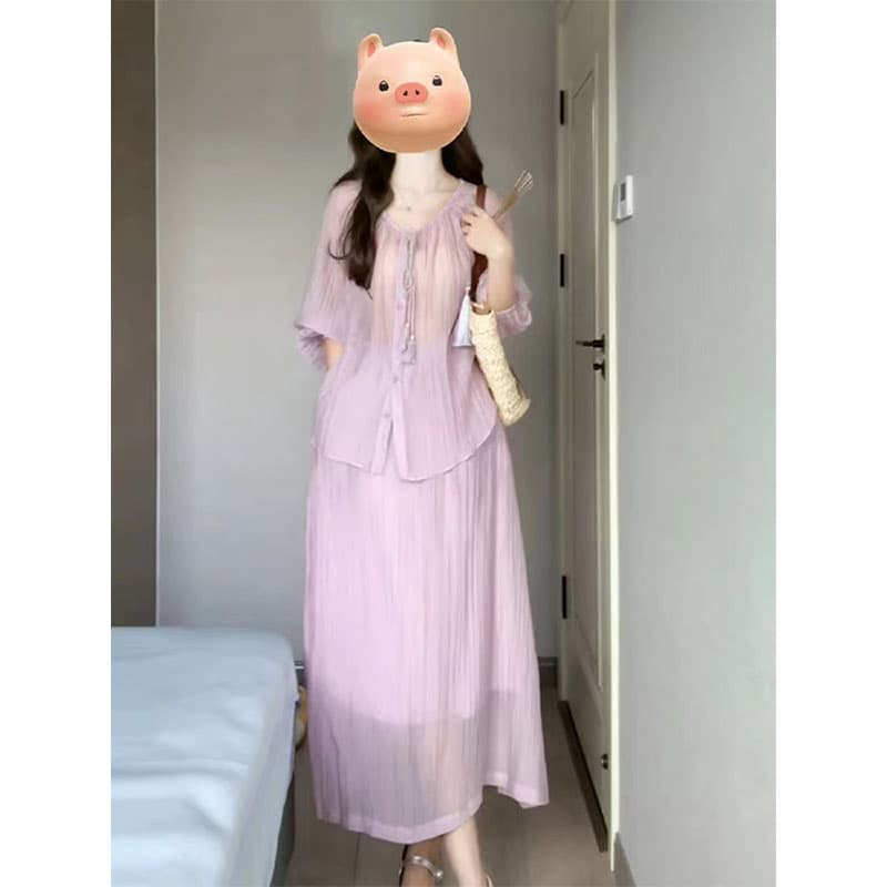 모유 수유 새로운 프랑스식 고급 센스 보라색 셔츠 슬립 드레스 여름 2026 년 품격 롱 스커트 세트 이미지 4