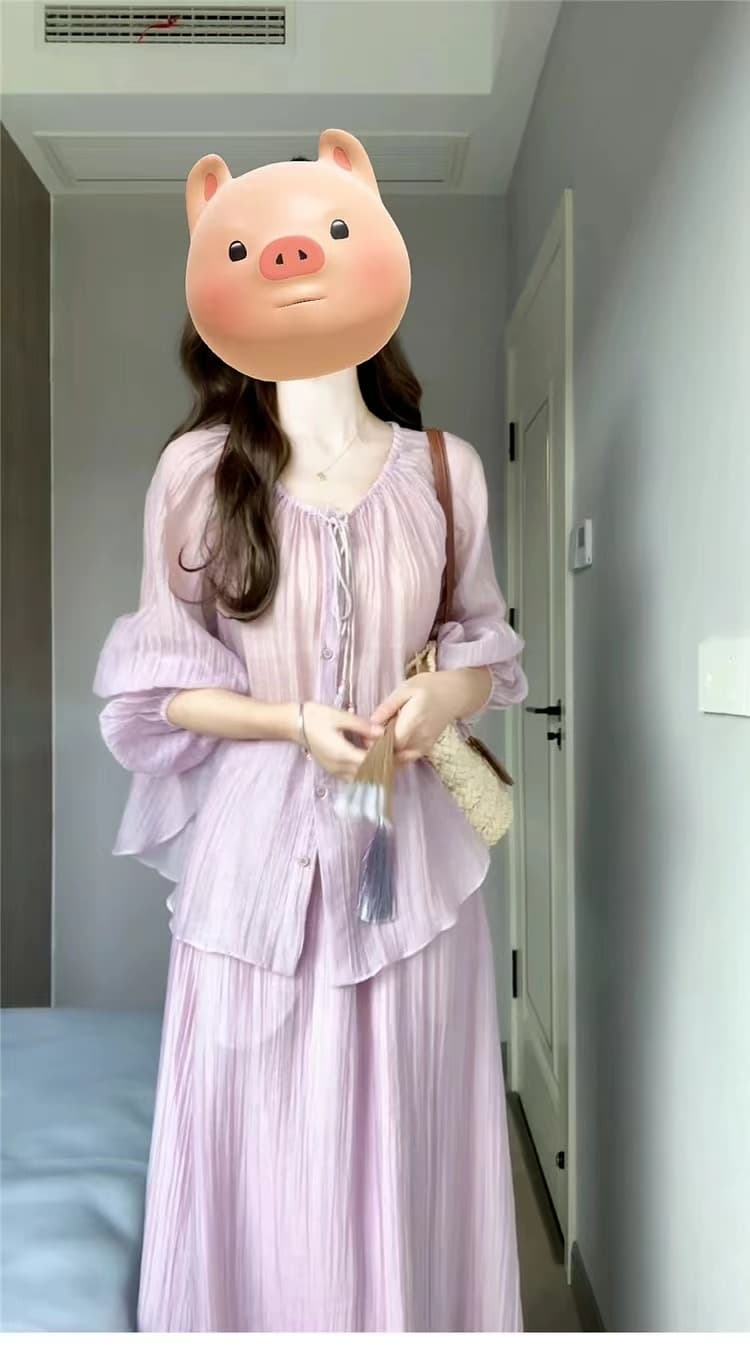 모유 수유 새로운 프랑스식 고급 센스 보라색 셔츠 슬립 드레스 여름 2026 년 품격 롱 스커트 세트 상세 이미지 5