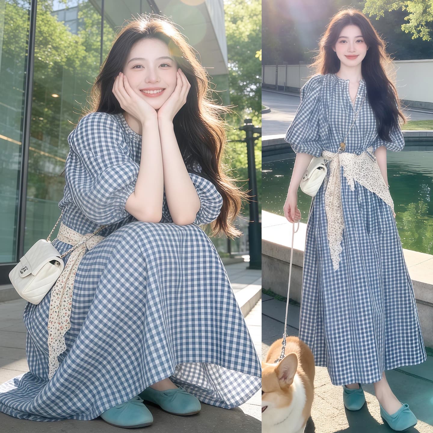 모유 수유 순수한 하얀 달빛 달콤한 스타일 파란색 체크 스커트 여름 일본식 미니멀리즘 학원 스타일 작은 키 요정 치마 이미지 4