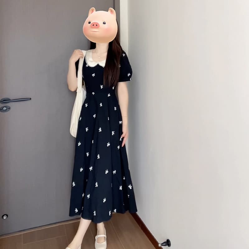 프랑스식 베이비 칼라 검정색 꽃무늬 트렌디 엄마 수유 드레스 여성 의류 새로운 여름 품격 허리 수축 슬림해 보이는 롱 스커트 이미지 2