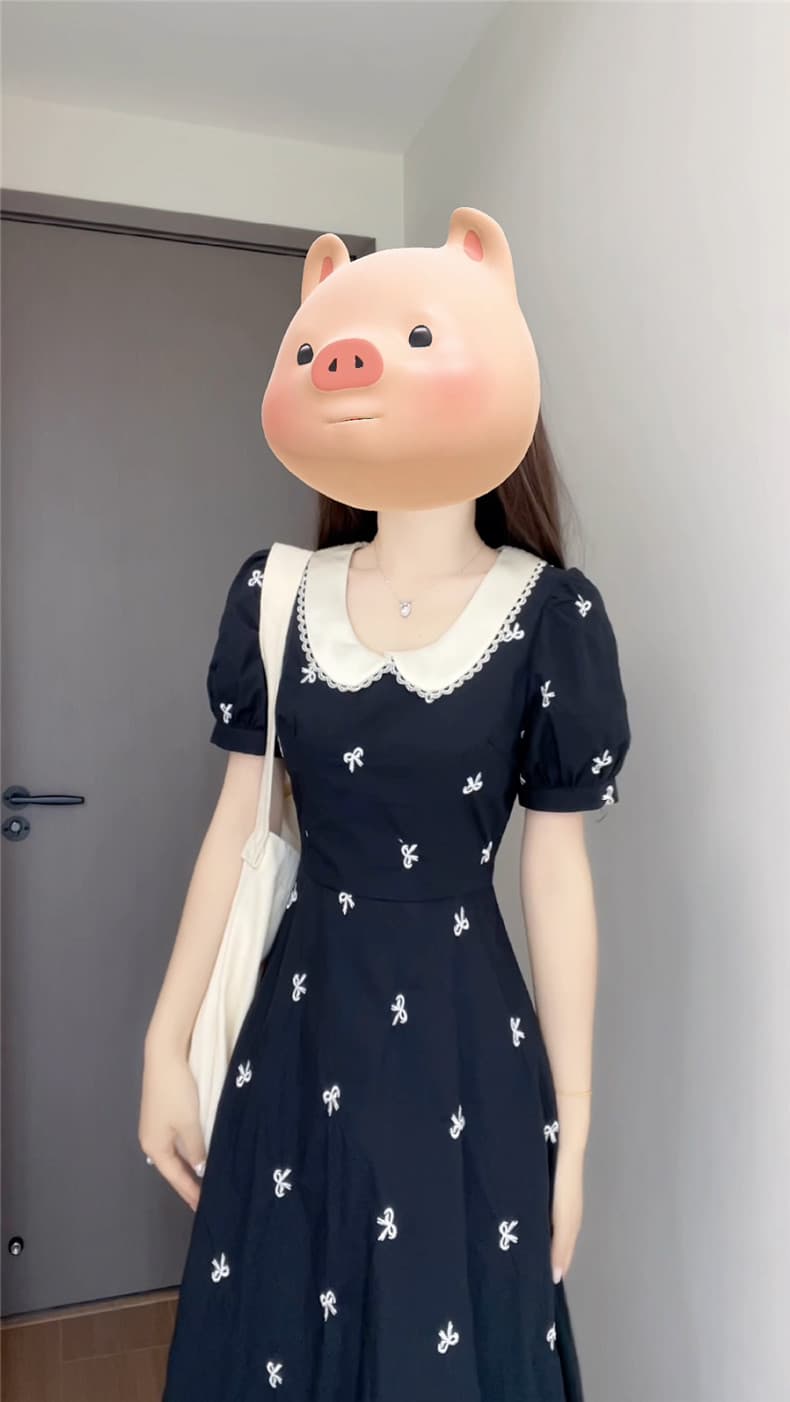 프랑스식 베이비 칼라 검정색 꽃무늬 트렌디 엄마 수유 드레스 여성 의류 새로운 여름 품격 허리 수축 슬림해 보이는 롱 스커트 상세 이미지 5