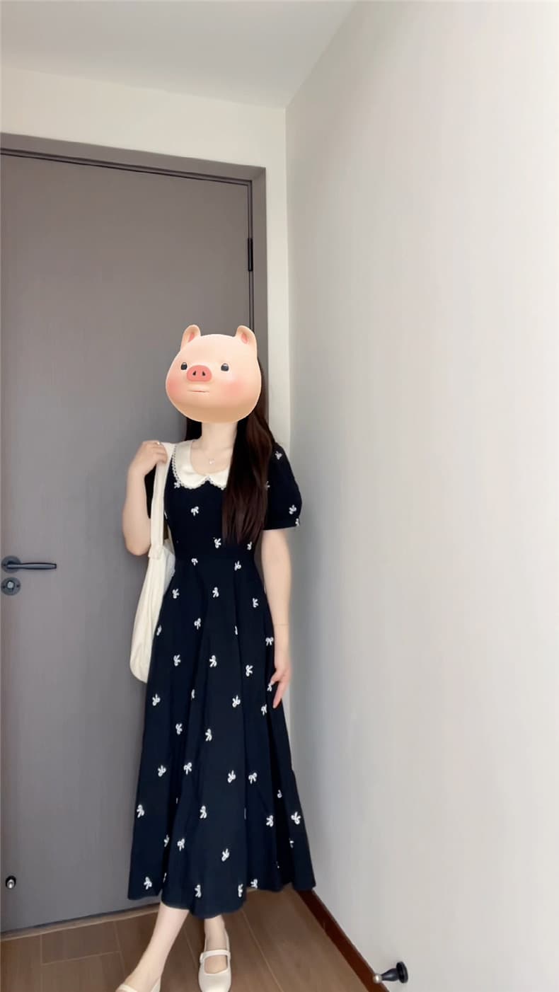 프랑스식 베이비 칼라 검정색 꽃무늬 트렌디 엄마 수유 드레스 여성 의류 새로운 여름 품격 허리 수축 슬림해 보이는 롱 스커트 상세 이미지 7