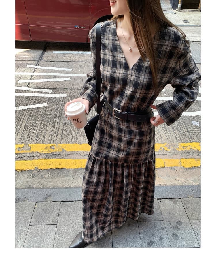 모유 수유 새로운 2026 레트로 펌프 Pleat 디자인 센스 V넥 체크무늬 루즈핏 봄 가을 예술 센스 수유 드레스 상세 이미지 14