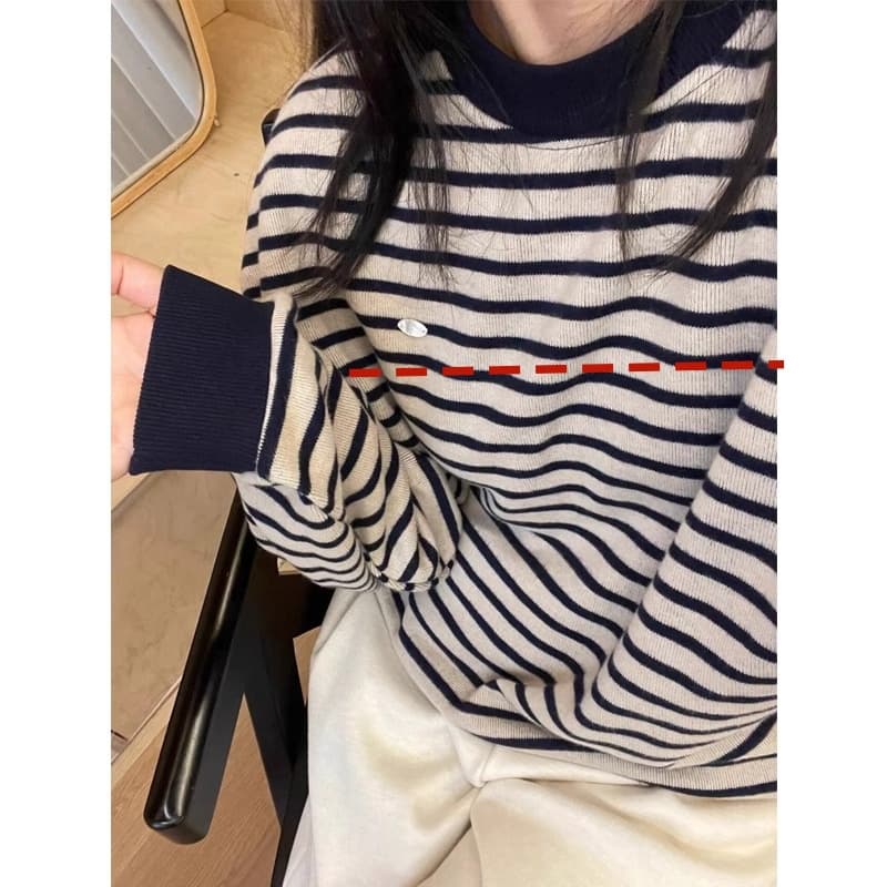 모유 수유 가을 겨울 라운드 넥 레트로 후드티 루즈핏 고유 한 슈퍼 잘 생긴 수유 스트라이프 맨위 오트밀 색상 바지 상세 이미지 2