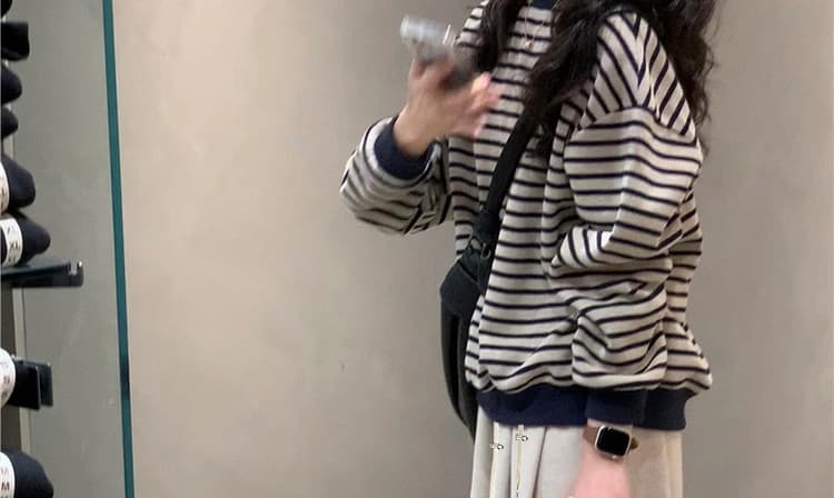모유 수유 가을 겨울 라운드 넥 레트로 후드티 루즈핏 고유 한 슈퍼 잘 생긴 수유 스트라이프 맨위 오트밀 색상 바지 상세 이미지 20