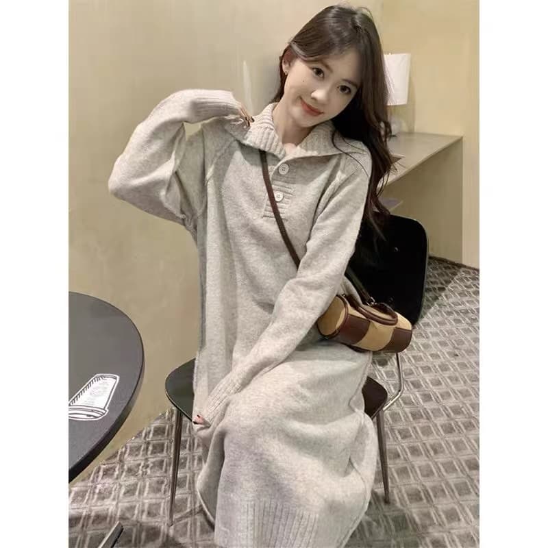 가을 겨울 새로운 POLO 칼라 루즈핏 프랑스식 만나는 인사이드 가져 가라. 중간 길이 무릎 아래 임산부 수유 니트 드레스 상세 이미지 3