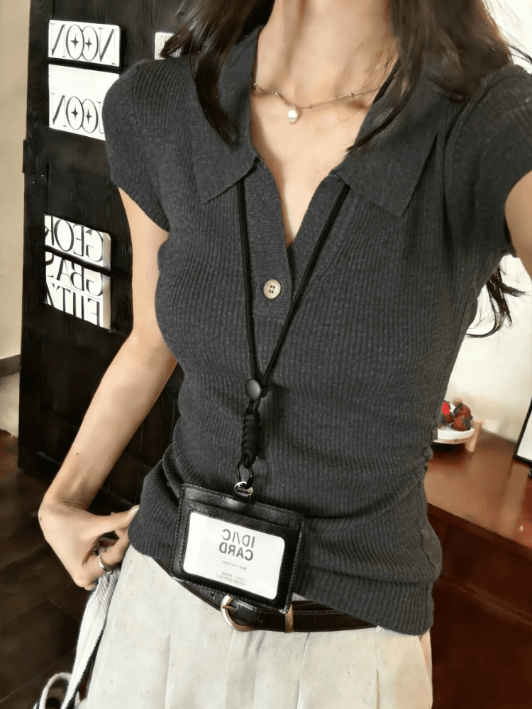 한 부서 POLO 칼라 니트 반팔 티셔츠 여성 여름 2026 새로운 몸매 가꾸기 슬림해 보이는 동정 품격 캐주얼 맨위 이미지 2