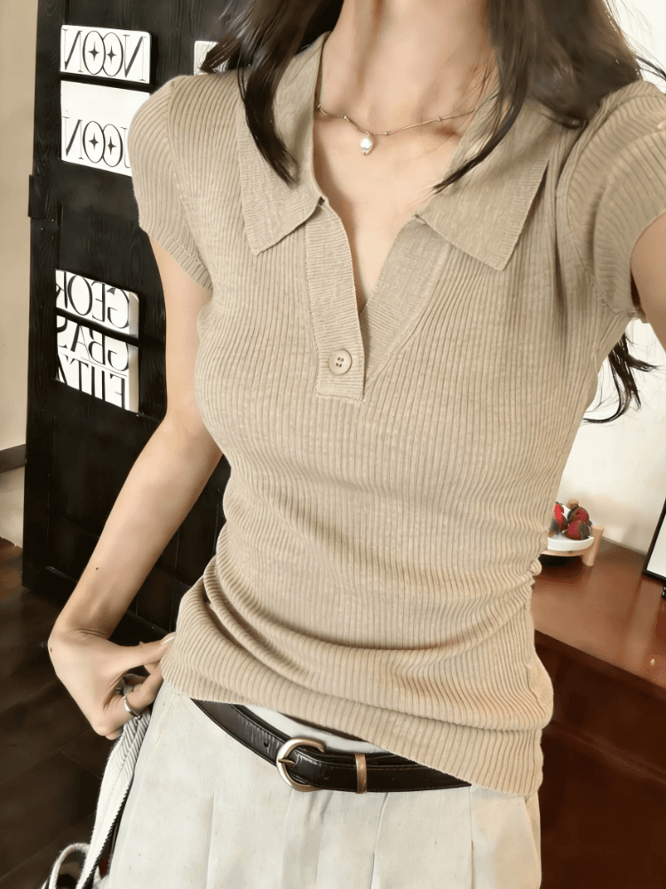 한 부서 POLO 칼라 니트 반팔 티셔츠 여성 여름 2026 새로운 몸매 가꾸기 슬림해 보이는 동정 품격 캐주얼 맨위 이미지 3