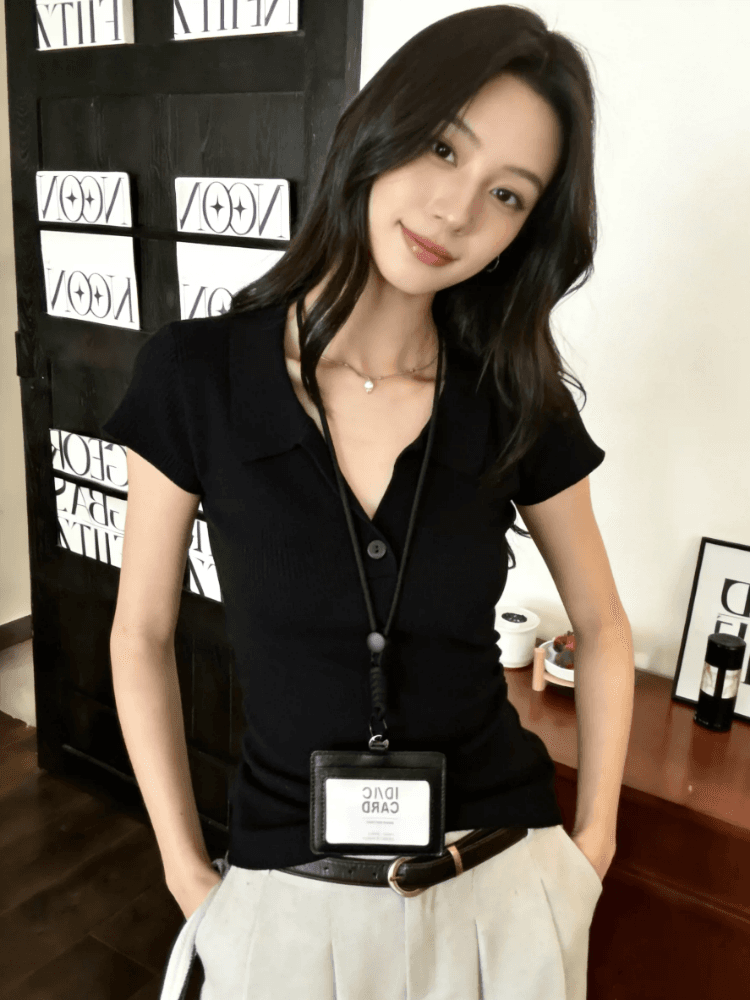 한 부서 POLO 칼라 니트 반팔 티셔츠 여성 여름 2026 새로운 몸매 가꾸기 슬림해 보이는 동정 품격 캐주얼 맨위 상세 이미지 8