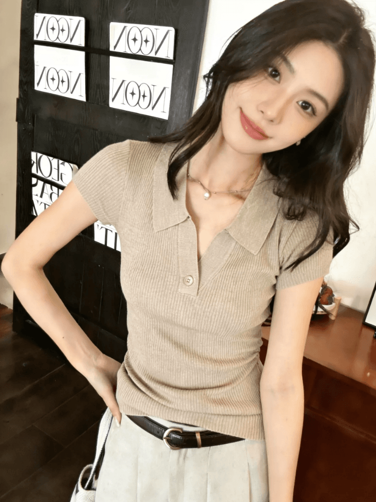 한 부서 POLO 칼라 니트 반팔 티셔츠 여성 여름 2026 새로운 몸매 가꾸기 슬림해 보이는 동정 품격 캐주얼 맨위 상세 이미지 29