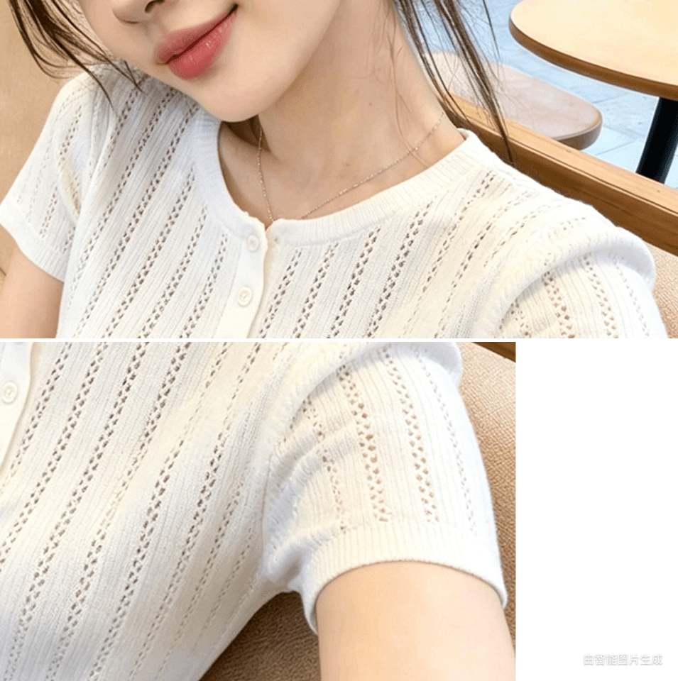 올해 인기 폭발 라운드 넥 반 개방 버클 홀로우 아웃 반팔 니트 스웨터 여성 여름 새로운 몸매 가꾸기 슬림해 보이는 맨위 트렌디 상세 이미지 7