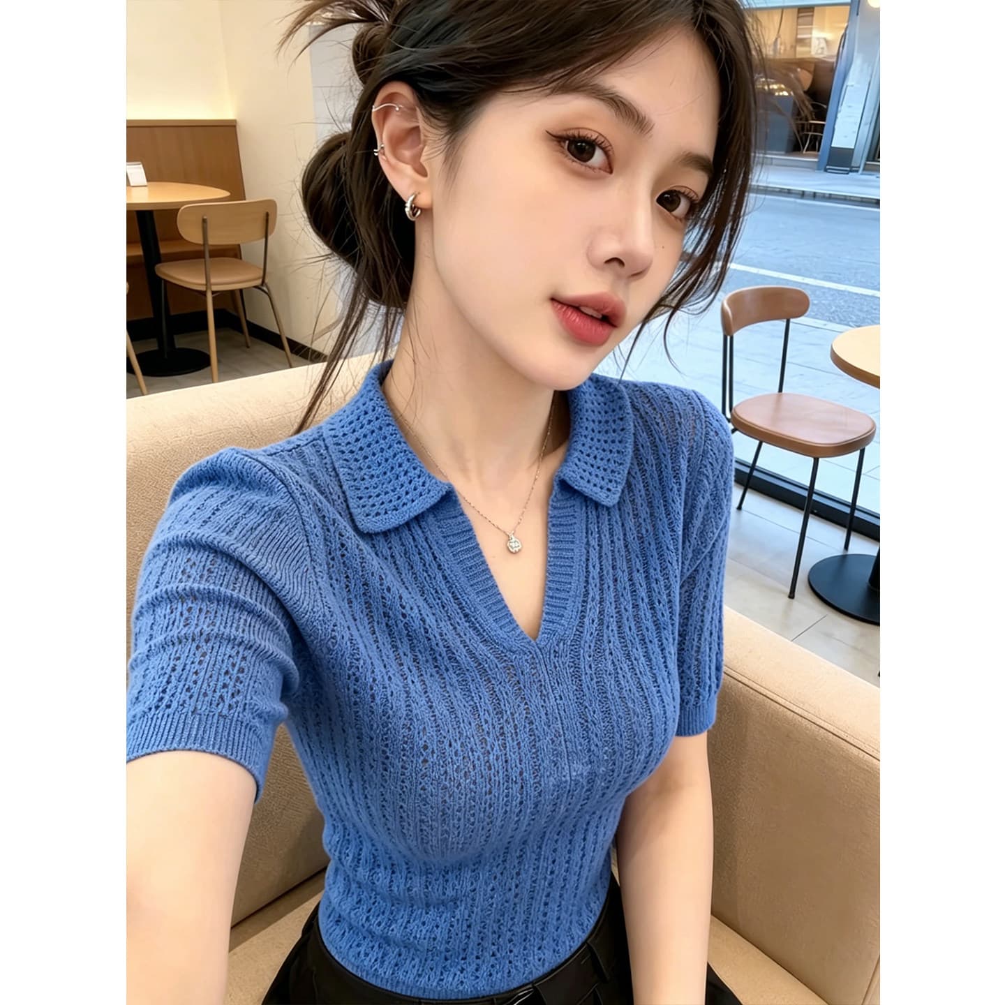 한 부서 POLO 칼라 구덩이 기사 홀로우 아웃 반팔 니트 스웨터 여성 2026 여름 새로운 루즈핏 슬림해 보이는 외국 가스 맨위 트렌디 이미지 4