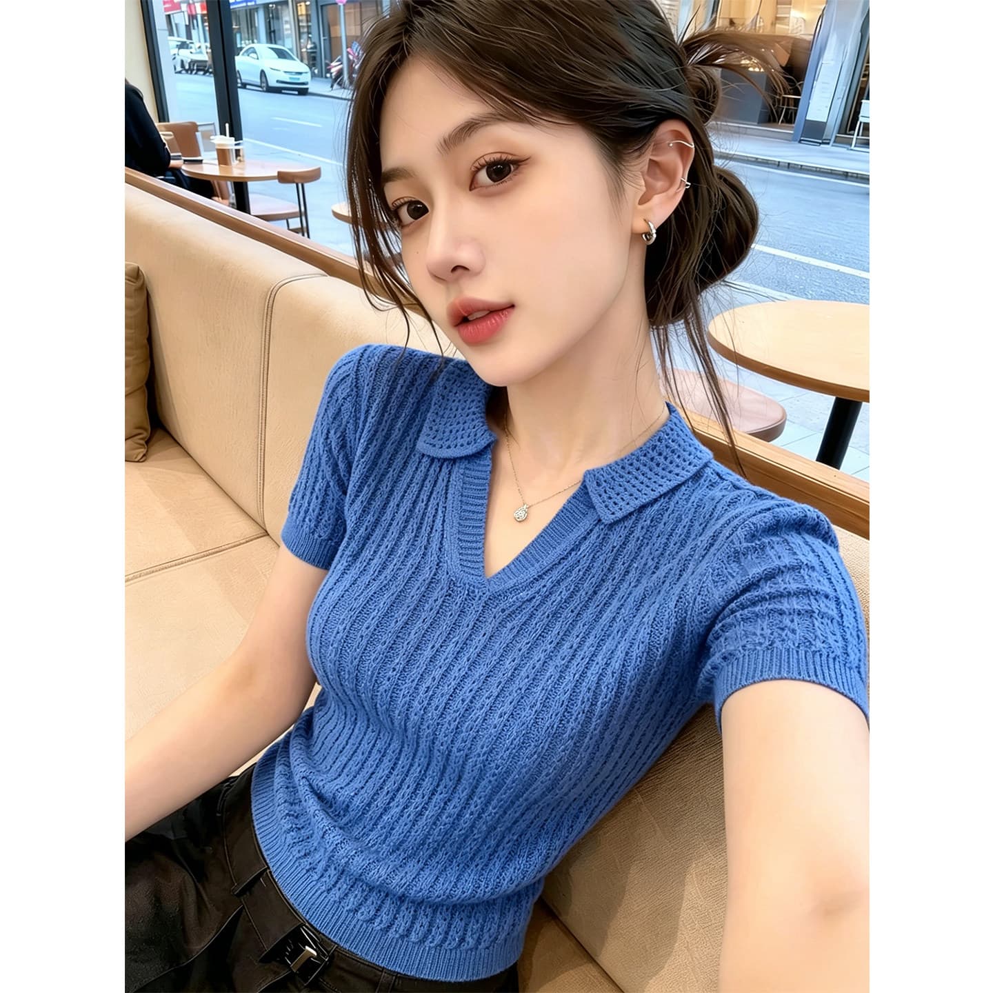 한 부서 POLO 칼라 구덩이 기사 홀로우 아웃 반팔 니트 스웨터 여성 2026 여름 새로운 루즈핏 슬림해 보이는 외국 가스 맨위 트렌디 상세 이미지 6