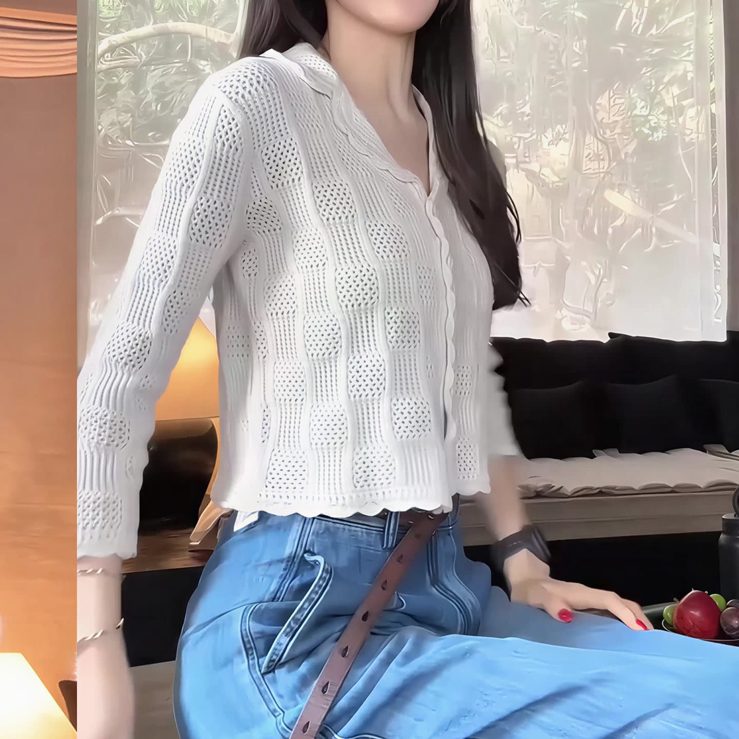 새로운 패션 다용도 품격 부드러운 바람 홀로우 아웃 연령 감소 다용도 라운드 넥 니트 오픈 가디건 여성 셔츠 이미지 3