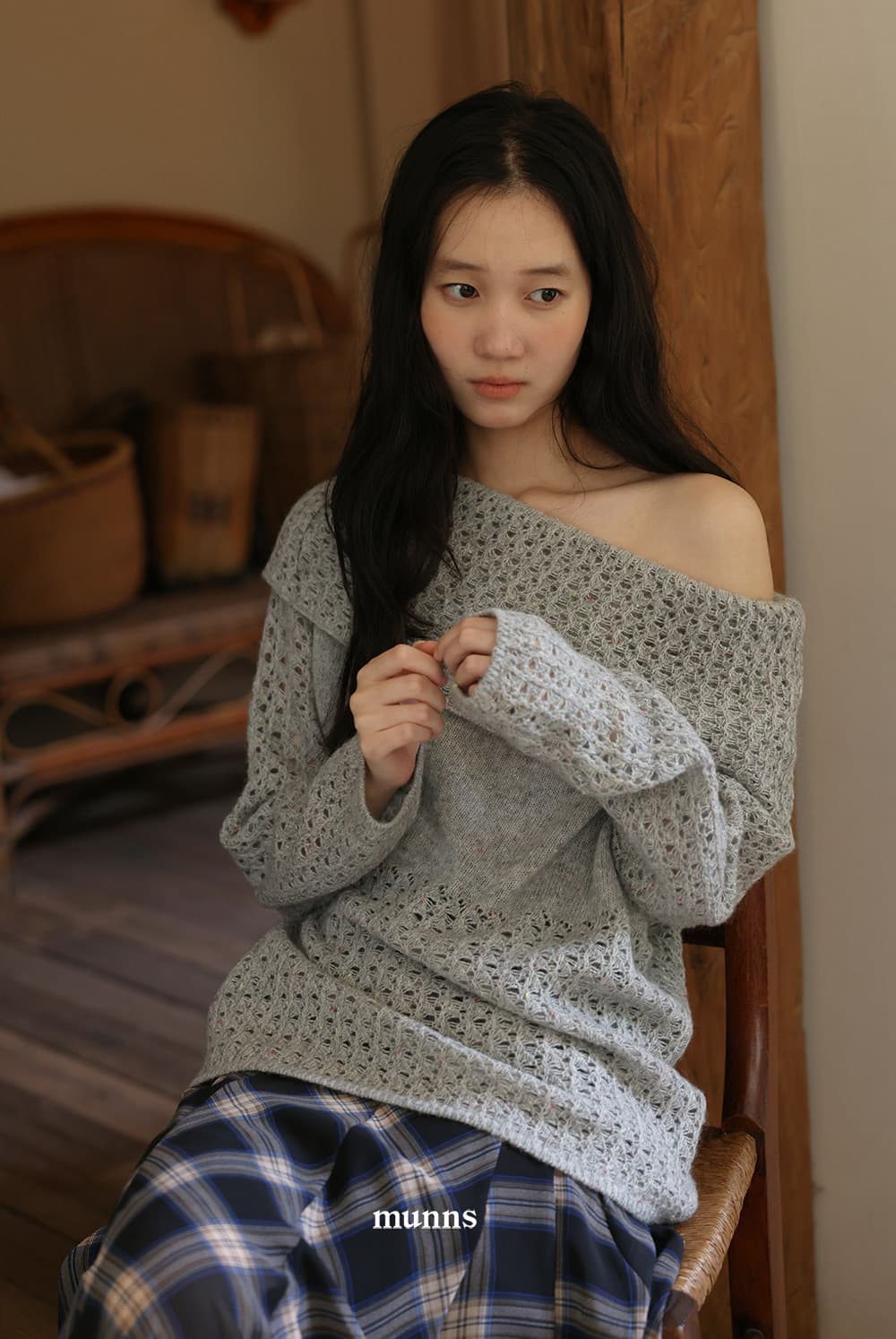 회색 마 하이 양모 홀로우 아웃 오프숄더 칼라 긴팔 니트 블라우스 루즈핏 오프숄더 푹신한 맨위 재킷 상세 이미지 2
