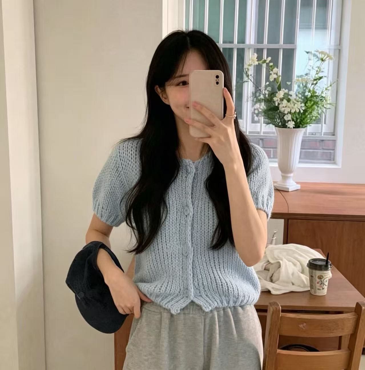 한 부서 니트 반팔 오픈 가디건 외부 잡아라. 의류 여성 품격 라운드 넥 싱글 줄 버튼 몸매 가꾸기 슬림해 보이는 달콤함 스웨터 코트 상세 이미지 4