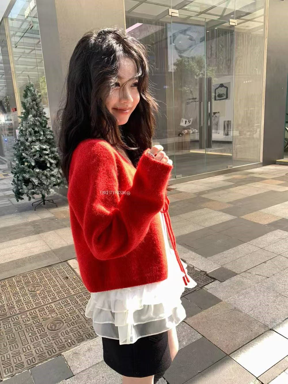 2026 가을 겨울 새로운 신년 분위기 센스 레이스업 빨간색 보온 두꺼운 스웨터 여성 뜨개질 오픈 가디건 긴팔 맨위 상세 이미지 12