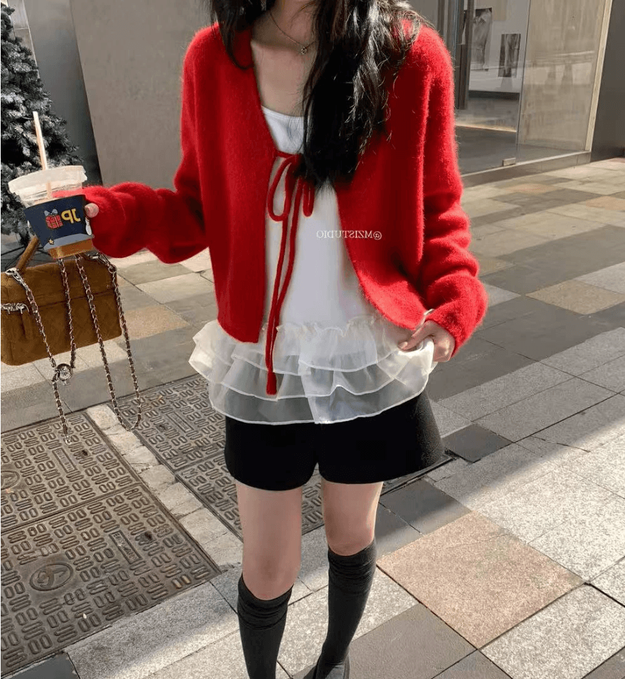 2026 가을 겨울 새로운 신년 분위기 센스 레이스업 빨간색 보온 두꺼운 스웨터 여성 뜨개질 오픈 가디건 긴팔 맨위