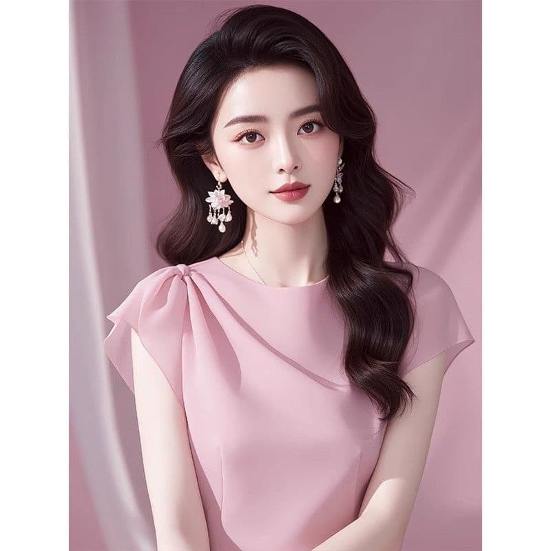 2026 아름다운 요정 가스 펄럭 이는 핑크색 반팔 여성 셔츠 프랑스식 고유 한 Chic 연령 감소 쉬폰 톱 여름 이미지 2