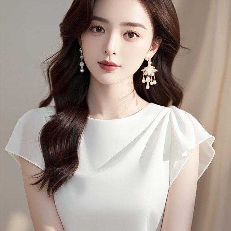 2026 아름다운 요정 가스 펄럭 이는 핑크색 반팔 여성 셔츠 프랑스식 고유 한 Chic 연령 감소 쉬폰 톱 여름 상세 이미지 3
