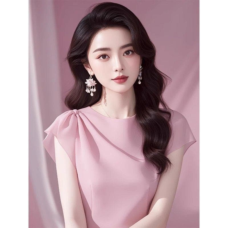 2026 아름다운 요정 가스 펄럭 이는 핑크색 반팔 여성 셔츠 프랑스식 고유 한 Chic 연령 감소 쉬폰 톱 여름 상세 이미지 4