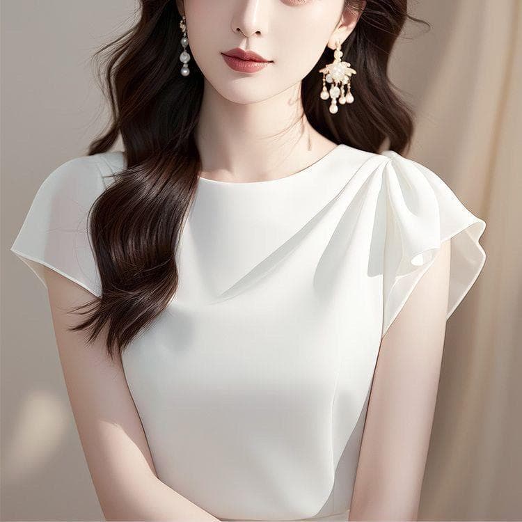 2026 아름다운 요정 가스 펄럭 이는 핑크색 반팔 여성 셔츠 프랑스식 고유 한 Chic 연령 감소 쉬폰 톱 여름 상세 이미지 5