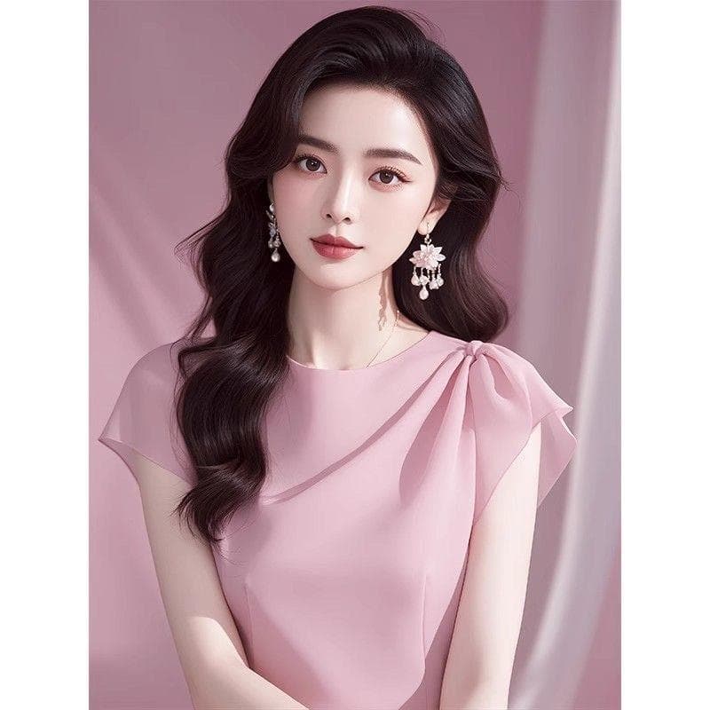2026 아름다운 요정 가스 펄럭 이는 핑크색 반팔 여성 셔츠 프랑스식 고유 한 Chic 연령 감소 쉬폰 톱 여름 상세 이미지 6