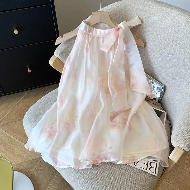 작은 청신 프랑스식 민소매 분말 색 후광 염색 쉬폰 행침 목 스타일 슬림해 보이는 달콤함 디자인 센스 작은 대중 루즈핏 맨위 여성 상세 이미지 8
