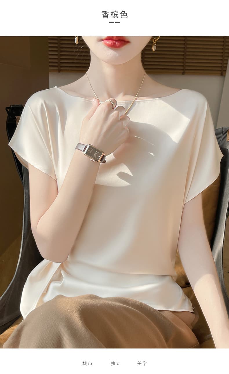 여름 새로운 실크 미끄러짐 새틴 보트넥 반팔 편안함 통기성 얇은 스타일 인사이드 가져 가라. 여성 풀오버 스택 착용 맨위 이미지 4