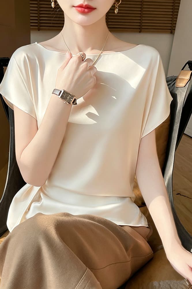 여름 새로운 실크 미끄러짐 새틴 보트넥 반팔 편안함 통기성 얇은 스타일 인사이드 가져 가라. 여성 풀오버 스택 착용 맨위 이미지 6