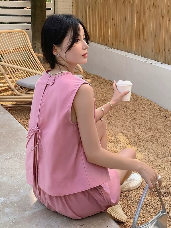 2026 여름 핑크색 백리스 작은 셔츠 조끼 여성 짧은 맨위 루즈핏 넓은 다리가 짧다. 바지 작은 대중 외국 가스 세트 이미지 4