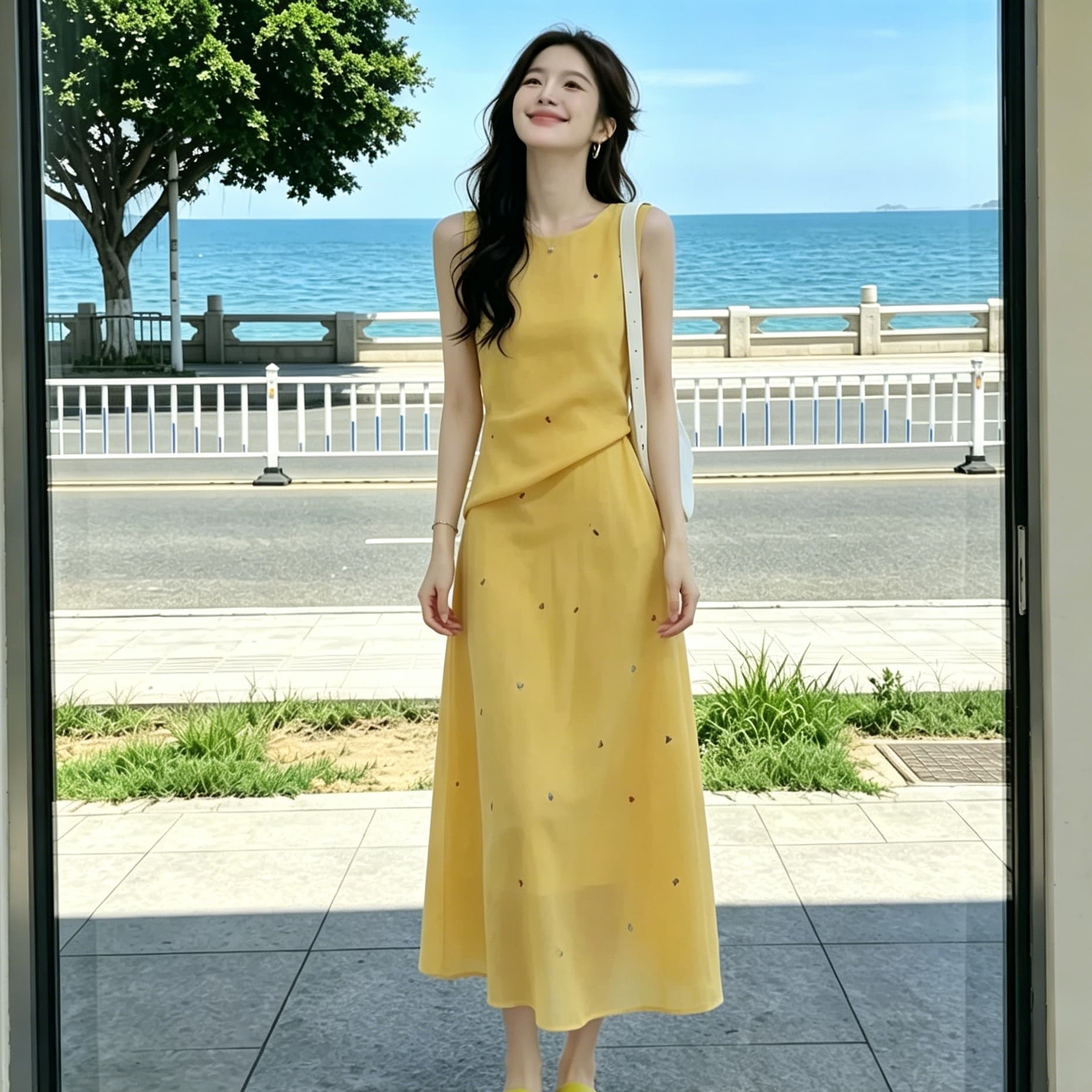 순수한 욕망 바람 황색 도트 무늬 캐주얼 슬립 롱 스커트 부드러운 바람 한국 스타일 슬림해 보이는 품격 드레스 미니멀리즘 롱 스커트