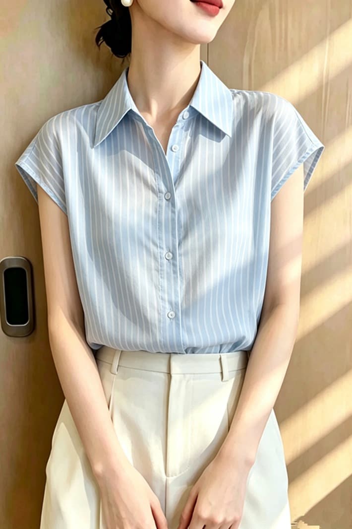 2026 여름 인기 파란색 스트라이프 셔츠 여성 의류 여름 빛 요리 한 프랑스식 작은 대중 고유 한 Chic 맨위 이미지 6
