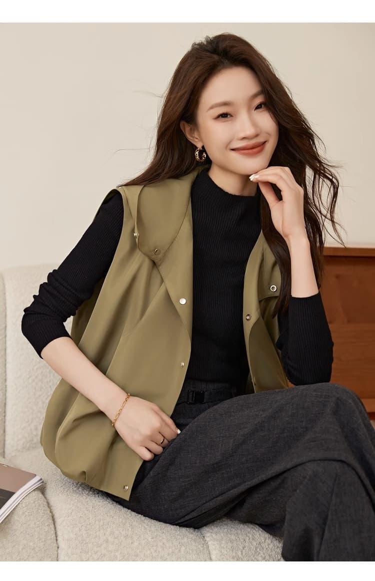 루즈핏 스택 착용 캐주얼 세련된 센스 조끼 여자 유럽 상품 2026 봄과 가을 옷 새로운 후드 민소매 요금 외투 상세 이미지 5