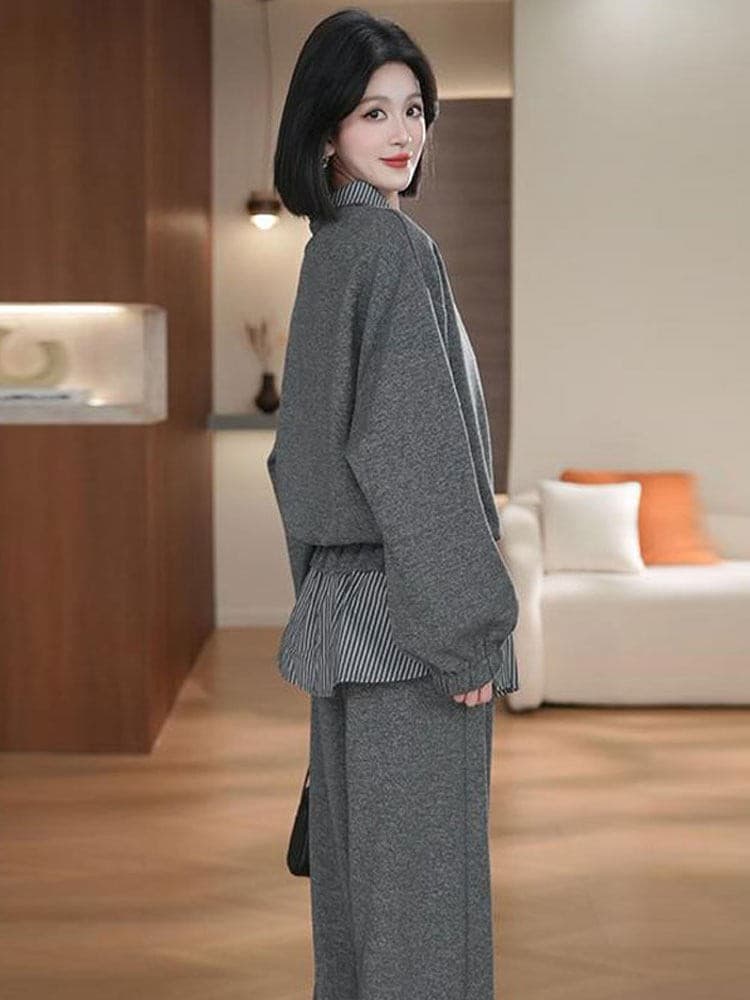 패션 세트 여성 2026 봄 새로운 세련된 외국 가스 하프 지퍼 후드티 체크무늬 랩스커트팬츠 와이드 레그 팬츠 투피스 세트 상세 이미지 4