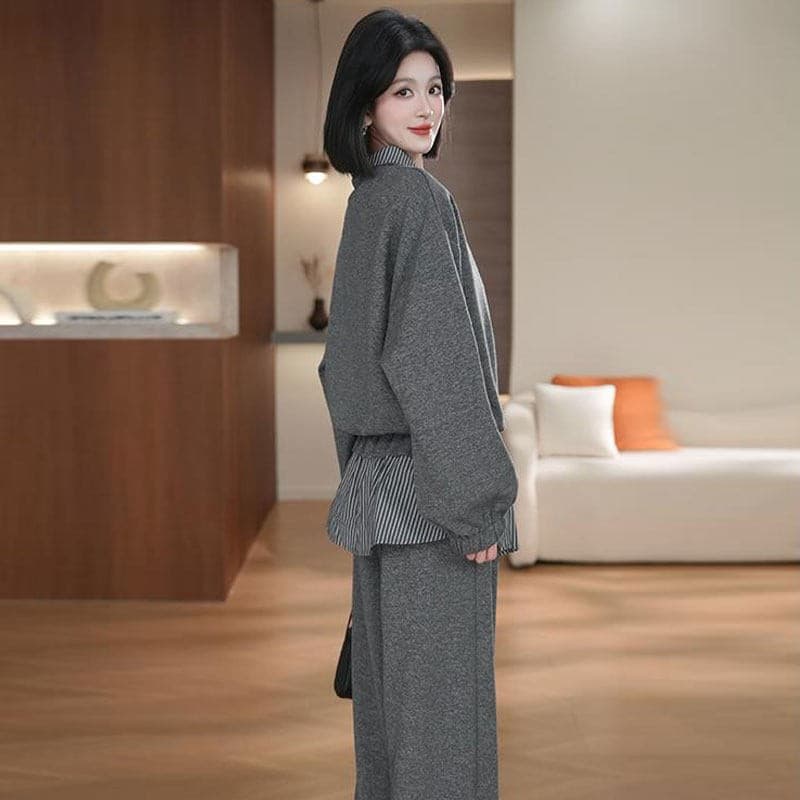 패션 세트 여성 2026 봄 새로운 세련된 외국 가스 하프 지퍼 후드티 체크무늬 랩스커트팬츠 와이드 레그 팬츠 투피스 세트 상세 이미지 8