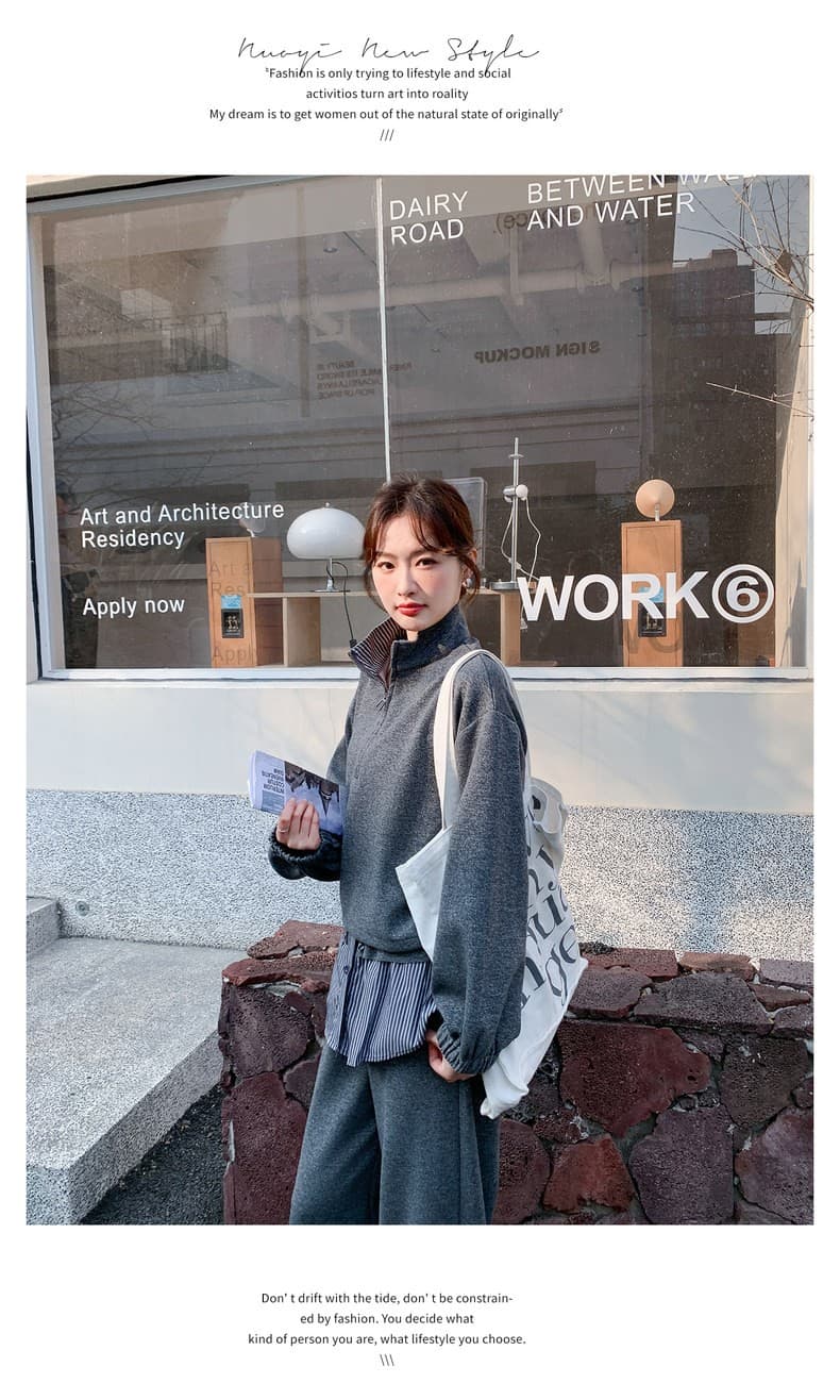 분위기 센스 캐주얼 운동 회색 세트 여성 봄 2026 새로운 후드티 스트라이프 랩스커트팬츠 와이드 레그 팬츠 투피스 세트 상세 이미지 7