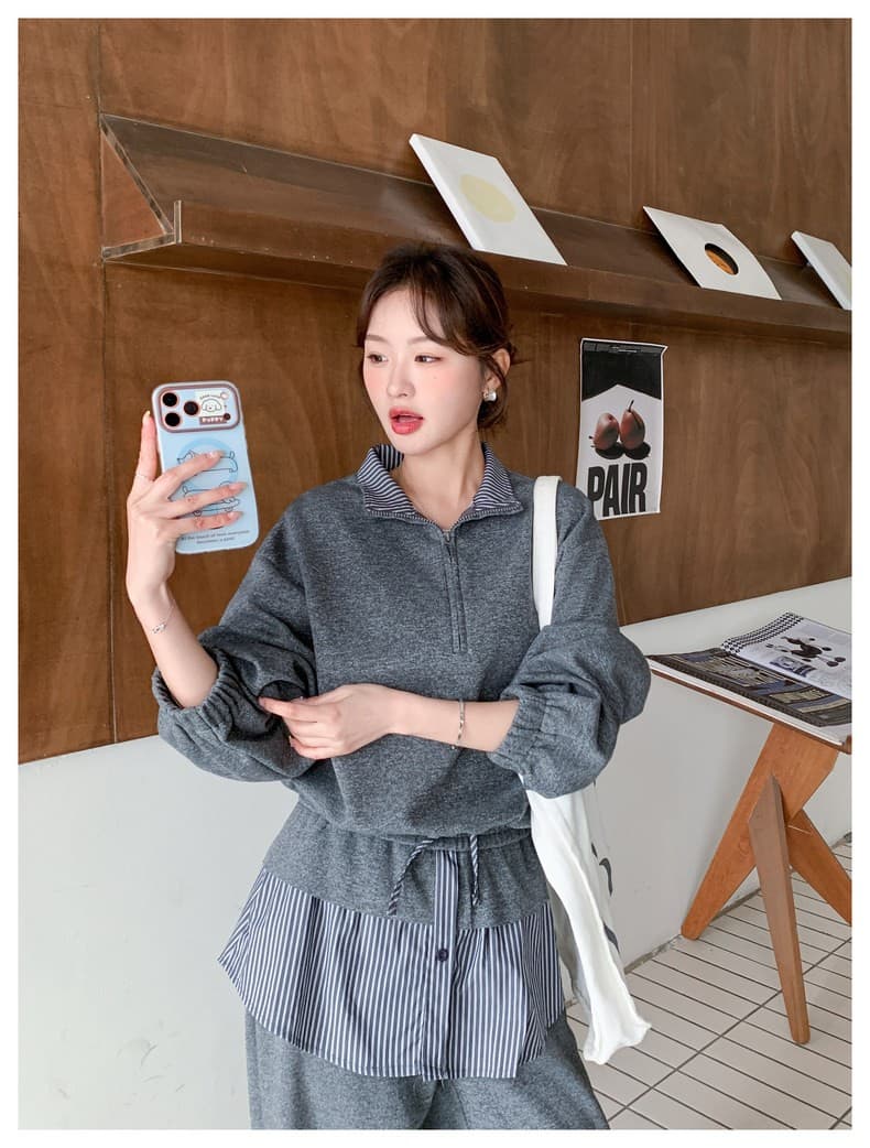 분위기 센스 캐주얼 운동 회색 세트 여성 봄 2026 새로운 후드티 스트라이프 랩스커트팬츠 와이드 레그 팬츠 투피스 세트 상세 이미지 15