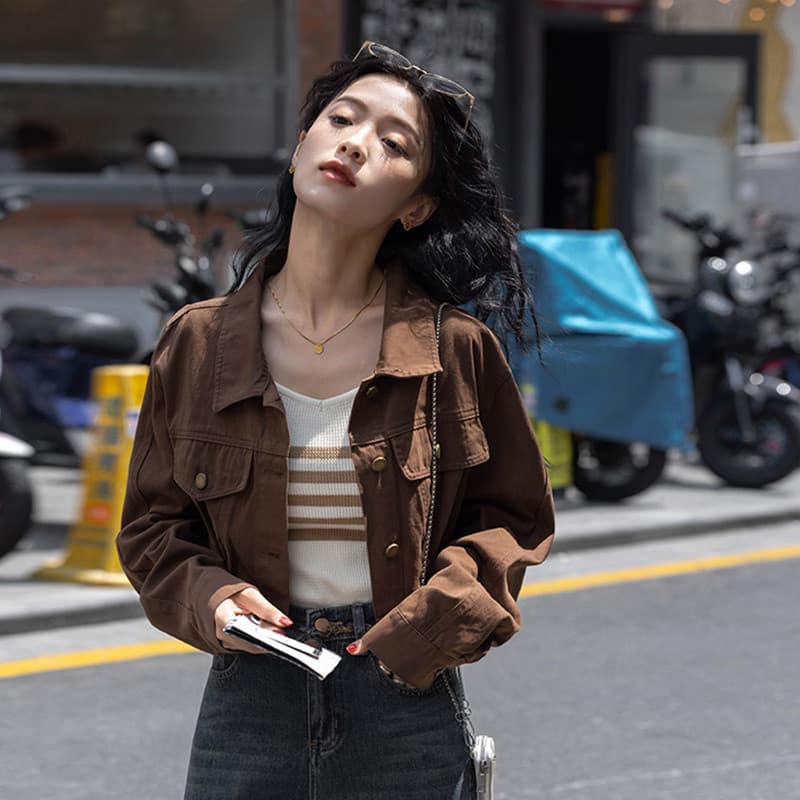 아름다움 라드. 바람 커피 색상 긴팔 여성 코트 2026 봄 가을 새로운 작은 키 슬림해 보이는 쇼트 스타일 워크웨어 재킷 맨위 이미지 2