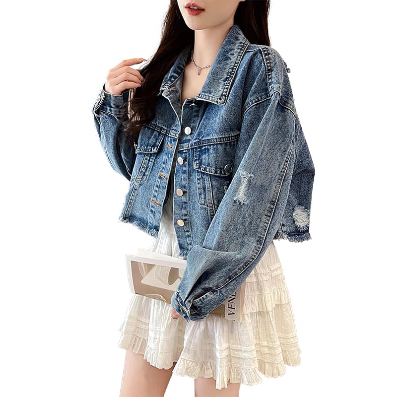 디자인 센스 캐주얼 패션 다용도 POLO 칼라 찢어진 부분 싱글 줄 버튼 긴팔 데님 거친 가장자리 쇼트 스타일 재킷 맨위 여성 이미지 6