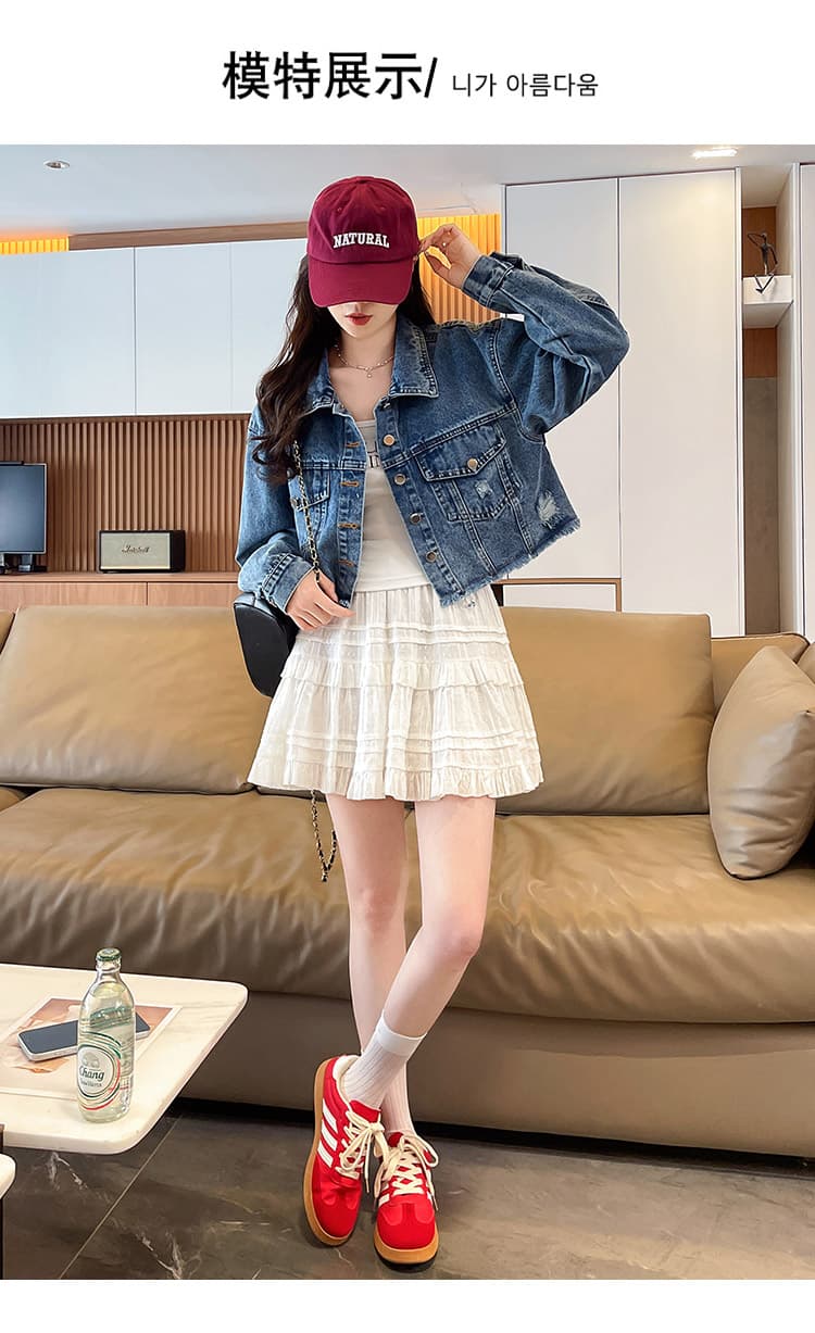 디자인 센스 캐주얼 패션 다용도 POLO 칼라 찢어진 부분 싱글 줄 버튼 긴팔 데님 거친 가장자리 쇼트 스타일 재킷 맨위 여성 상세 이미지 9