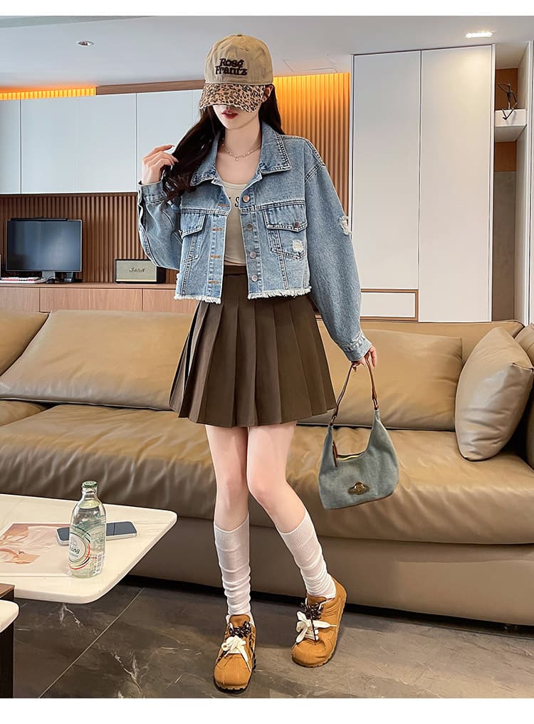 디자인 센스 캐주얼 패션 다용도 POLO 칼라 찢어진 부분 싱글 줄 버튼 긴팔 데님 거친 가장자리 쇼트 스타일 재킷 맨위 여성 상세 이미지 24