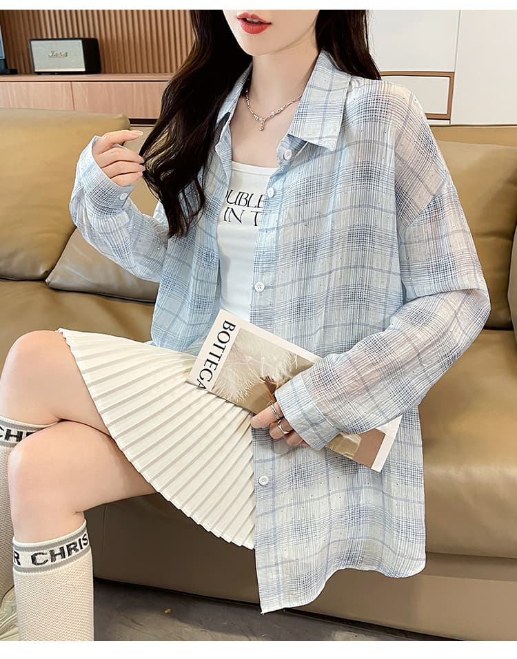 슈퍼 얇은 스타일 자외선 차단 셔츠 여성 코트 여름 새로운 무거운 작업 핫픽스 루즈핏 긴팔 통기성 얼음 실크 자외선 차단 복 상세 이미지 25