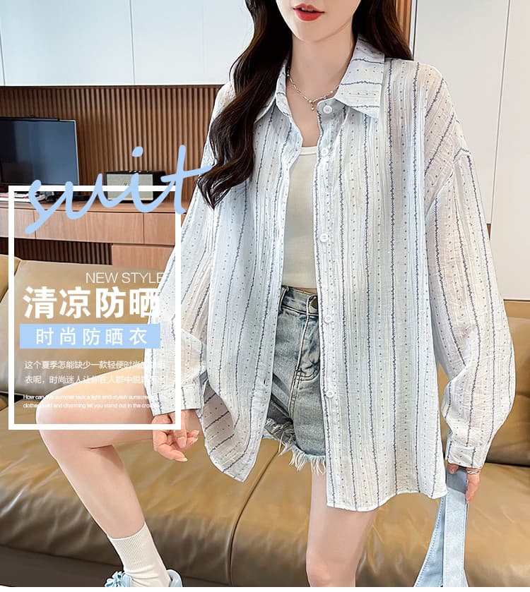 슈퍼 얇은 스타일 스트라이프 셔츠 여성 코트 여름 새로운 벨트 훈련 루즈핏 긴팔 작은 청신 통기성 얼음 실크 자외선 차단 복 상세 이미지 1