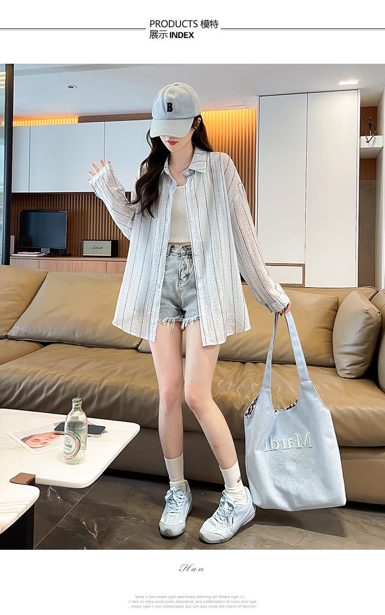 슈퍼 얇은 스타일 스트라이프 셔츠 여성 코트 여름 새로운 벨트 훈련 루즈핏 긴팔 작은 청신 통기성 얼음 실크 자외선 차단 복 상세 이미지 10
