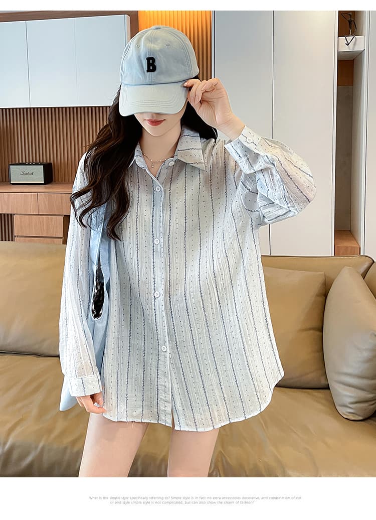 슈퍼 얇은 스타일 스트라이프 셔츠 여성 코트 여름 새로운 벨트 훈련 루즈핏 긴팔 작은 청신 통기성 얼음 실크 자외선 차단 복 상세 이미지 11