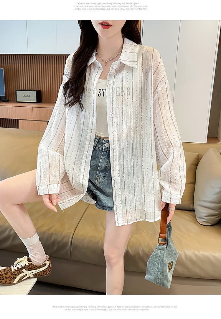 슈퍼 얇은 스타일 스트라이프 셔츠 여성 코트 여름 새로운 벨트 훈련 루즈핏 긴팔 작은 청신 통기성 얼음 실크 자외선 차단 복 상세 이미지 18